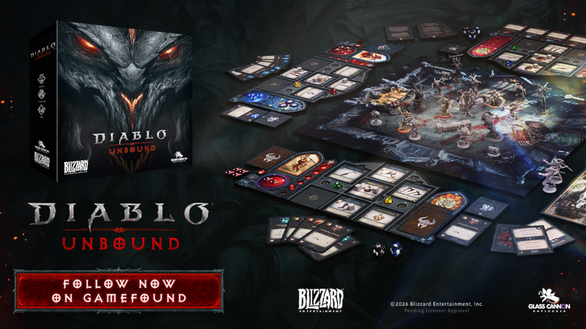 The Diablo: Unbound box beside its board, cards, tokens, and miniatures laid out in play, with the game logo and Gamefound call to action nearby