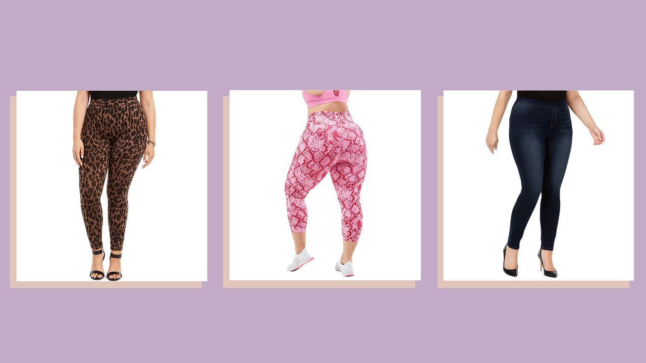 three of w&amp;h&#039;s best plus size leggings picks on a lilac background