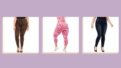 three of w&h's best plus size leggings picks on a lilac background