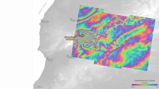 An interferogram based on radar measurements by the European Earth-observing satellite Sentinel-1 showing ground-movement caused by the earthquake of September 2023 in Morocco.