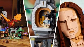 Three different Lego sets — a Dungeons and Dragons set, a Harry Potter Gringotts set, and a Mona Lisa set