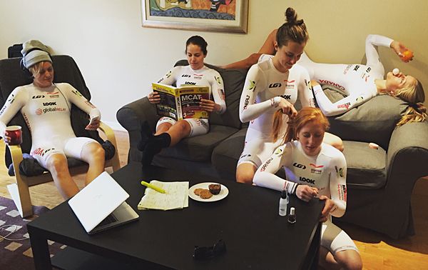 Canadian women's team pursuit squad wearing white skin suits as the World Cup leaders