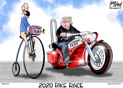 Political Cartoon U.S. President Trump Joe Biden Economic Plan Motorcycles