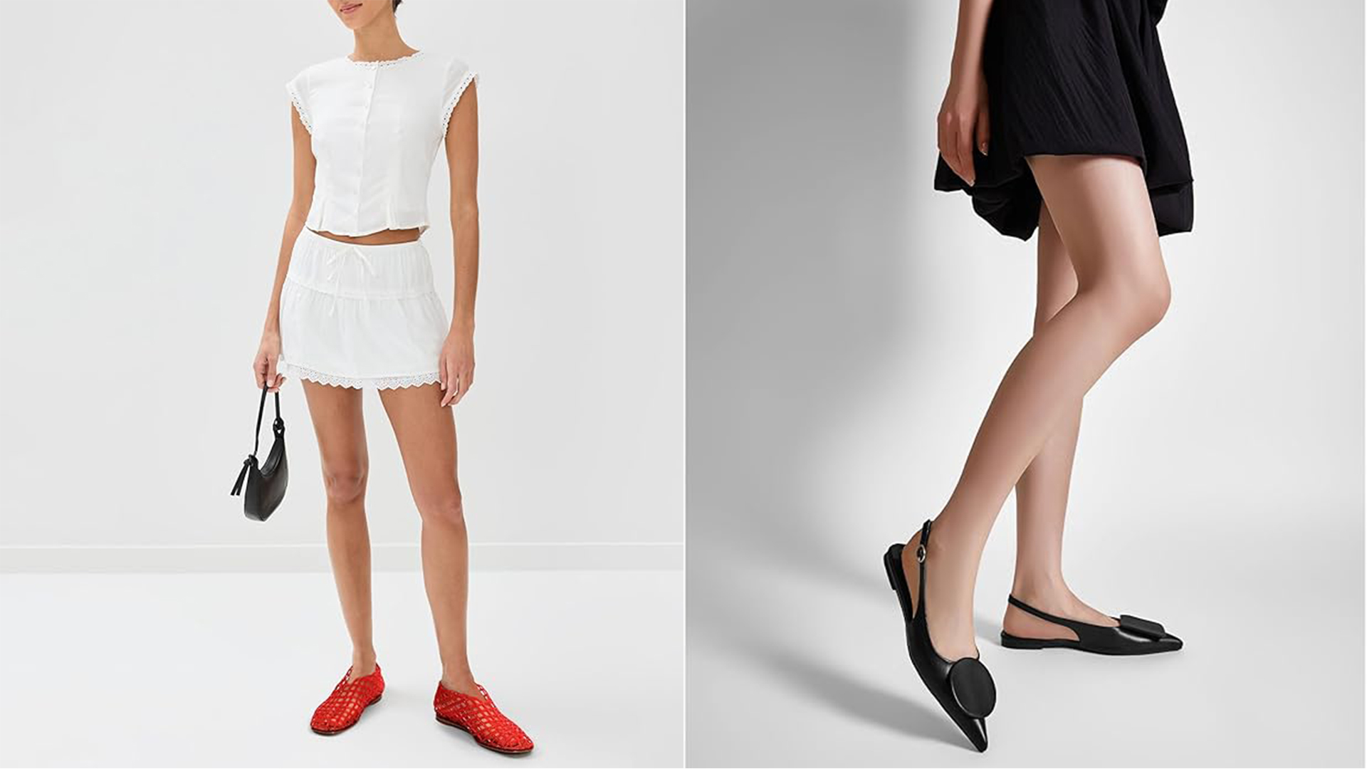 one model wears white set and red jelly flats and other wears black pointed toe sling backs