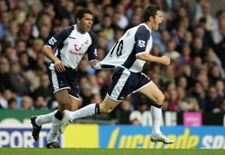 Robbie Keane celebrates a goal for Tottenham against Aston Villa in September 2005.