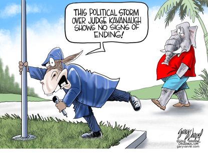 Political cartoon U.S. Brett Kavanaugh Hurricane Florence weather reporter exaggeration democrats republicans