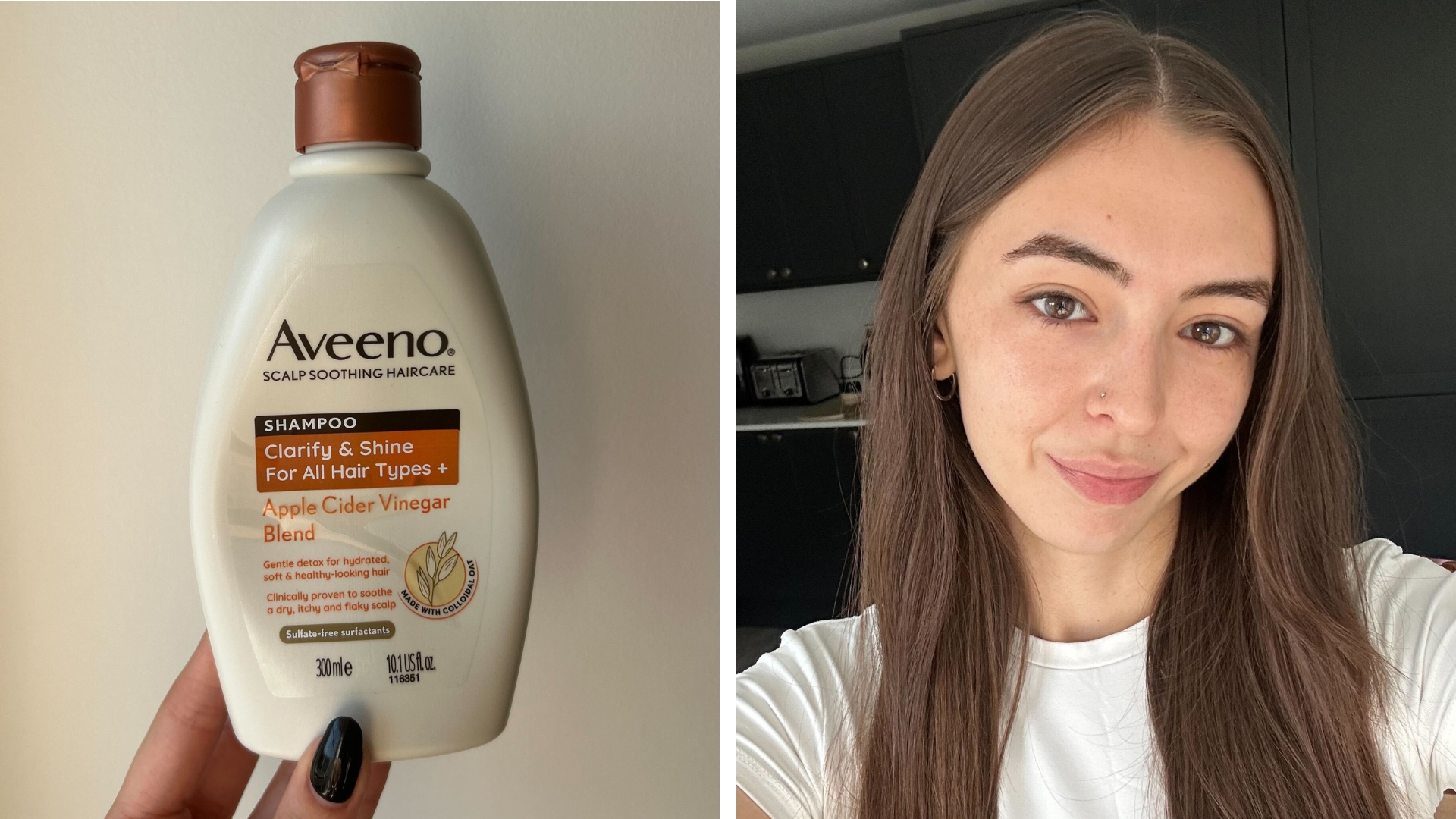 Collage of photos (L-R) including hand holding Aveeno Apple Cider Vinegar Shampoo and Sennen showing her straight brunette hair two days after washing