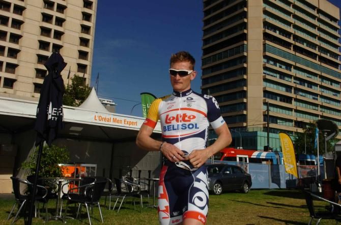 Andr&eacute; Greipel (Lotto Belisol) takes a stroll toward the Tour Village