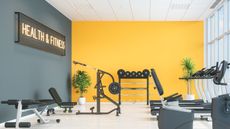 home gym wall decor with yellow walls and neon sign and gym equipment 