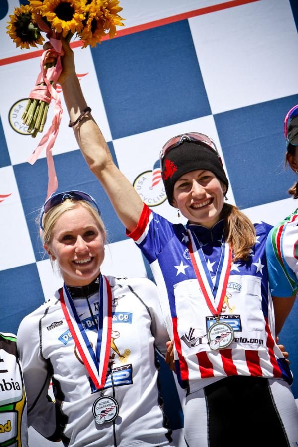 Mara Abbott (Peanut Butter &amp; Co./TWENTY 12) and teammate Shelley Evans celebrate on the podium.