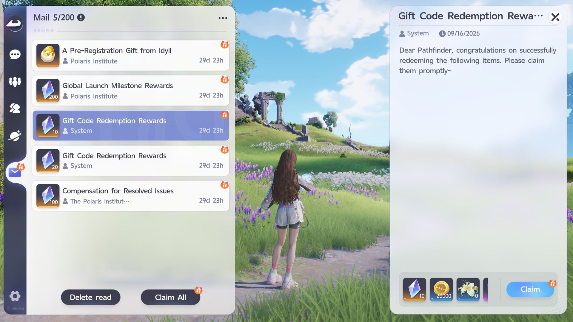 Aniimo mailbox menu showing redeemed rewards
