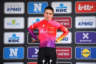 NINOVE BELGIUM FEBRUARY 26 Demi Vollering of Netherlands and Team SD Worx on second place poses on the podium ceremony after the 17th Omloop Het Nieuwsblad 2022 Womens Race a 128km race from Ghent to Ninove OHN22 FlandersClassic WorldTour on February 26 2022 in Ninove Belgium Photo by Luc ClaessenGetty Images