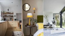 three images of kitchen, bedroom and a living space