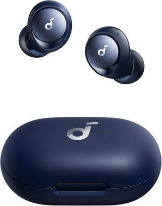 A pair of blue Soundcore by Anker Space A40 wireless earbuds