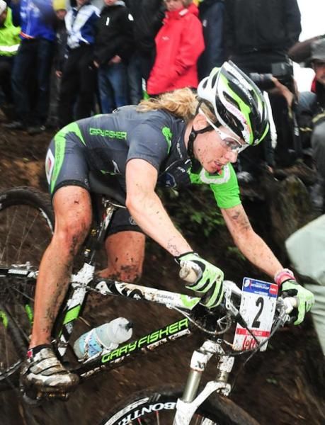 Willow Koerber (Gary Fisher-Subaru) descends a technical section of the Houffalize World Cup course with ease.