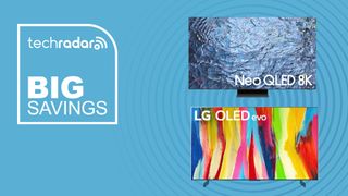 LG C2 OLED and Samsung QN900C Neo QLED on blue background with big savings text overlay