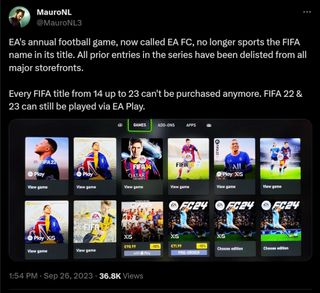 EA's annual football game, now called EA FC, no longer sports the FIFA name in its title. All prior entries in the series have been delisted from all major storefronts. Every FIFA title from 14 up to 23 can't be purchased anymore. FIFA 22 & 23 can still be played via EA Play.