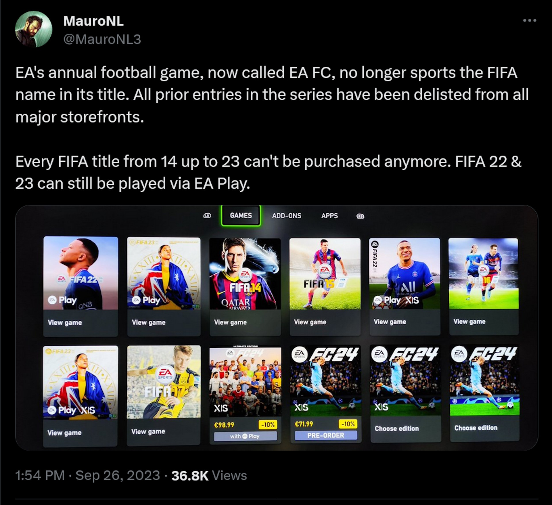 Das jährliche Fußballspiel von EA, das jetzt EA FC heißt, trägt nicht mehr den FIFA-Namen im Titel.  Alle früheren Einträge der Serie wurden aus allen großen Geschäften entfernt.  Jeder FIFA-Titel von 14 bis 23 kann nicht mehr gekauft werden.  FIFA 22 & 23 können weiterhin über EA Play gespielt werden.