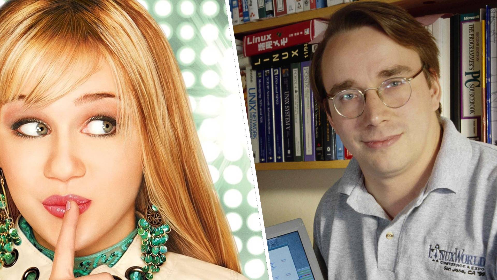 Left: Miley Cyrus as Hannah Montana shushing and looking to the right. Right: Linux Designer Linus Torvalds - stock photo. Linus Torvalds was the designer of the open-source operating system Linux.
