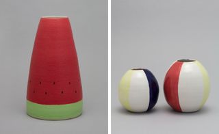 Two images. Left, a long ceramic vessel painted as a watermelon. Right, two round ceramic vessels painted as beach balls.