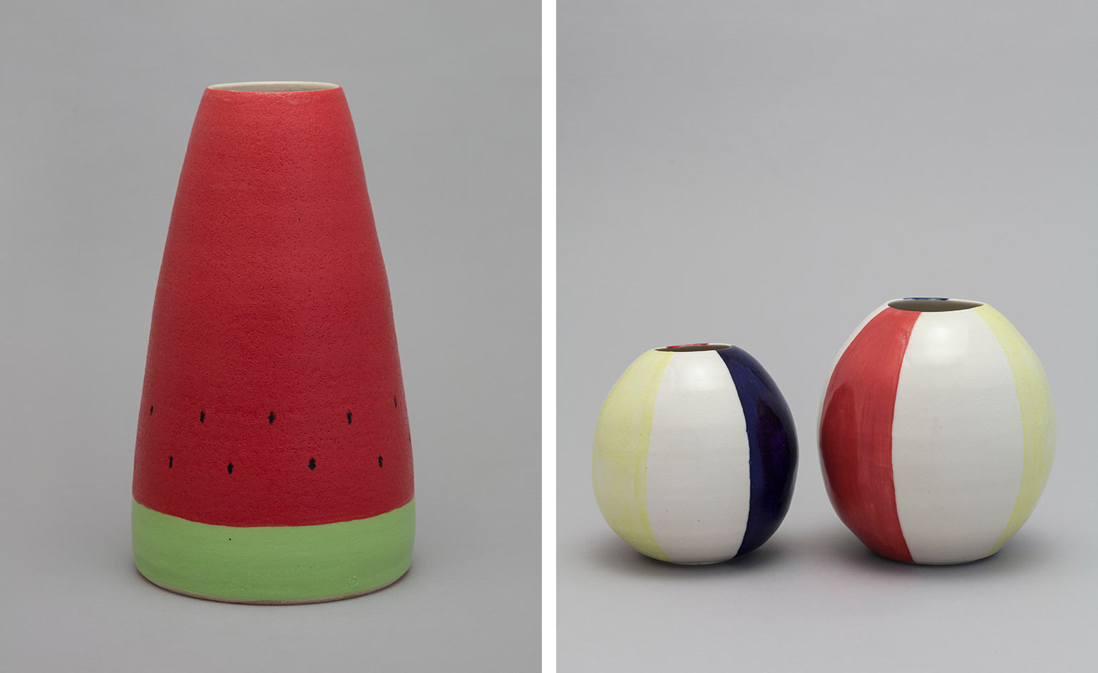 Two images. Left, a long ceramic vessel painted as a watermelon. Right, two round ceramic vessels painted as beach balls.