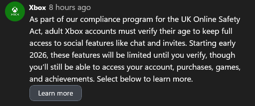 Message sent to Xbox users in the UK regarding having to verify their age