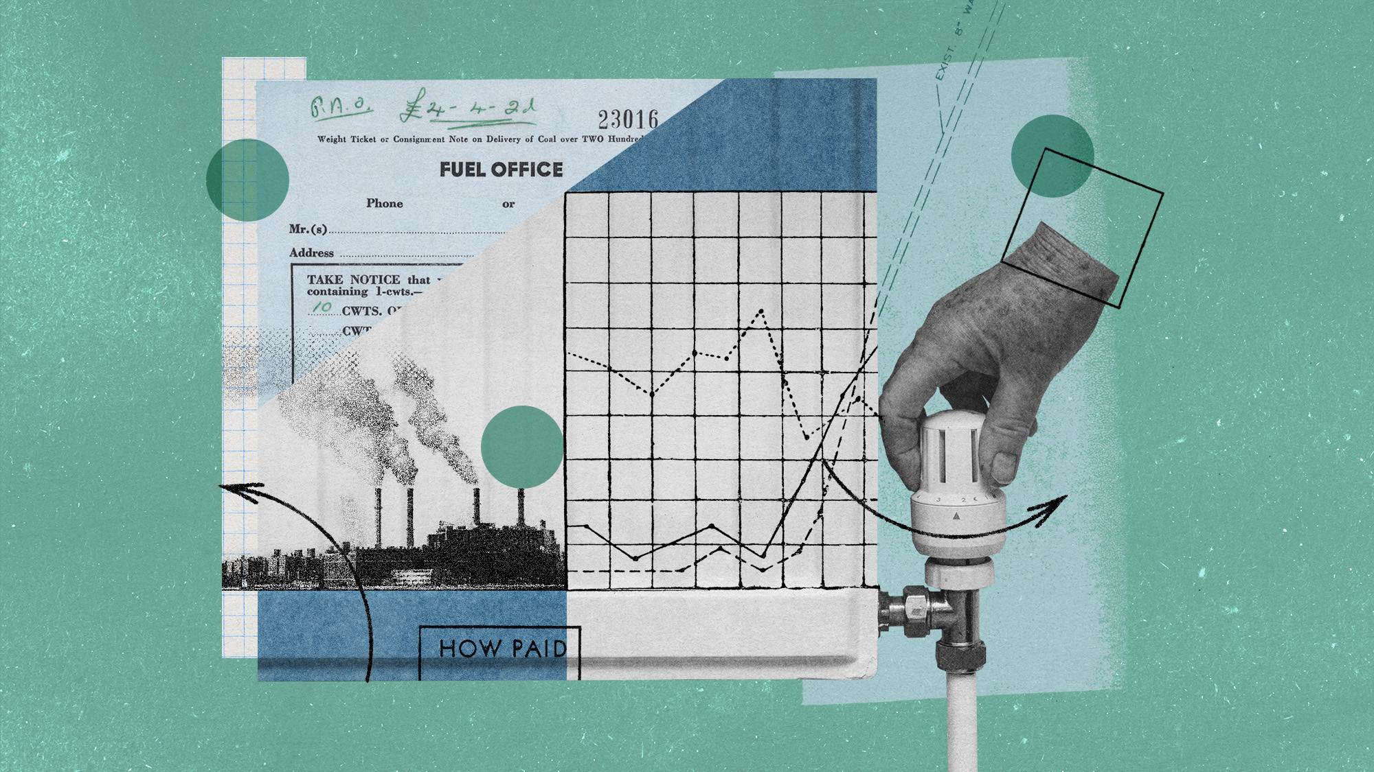 Photo collage of a person adjusting temperature on their heater, with overlays of bills and graphs 