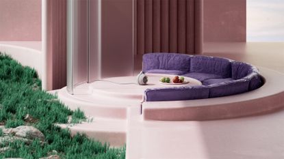 Circular cocooning living space with surround-sound portable speaker Devialet Mania