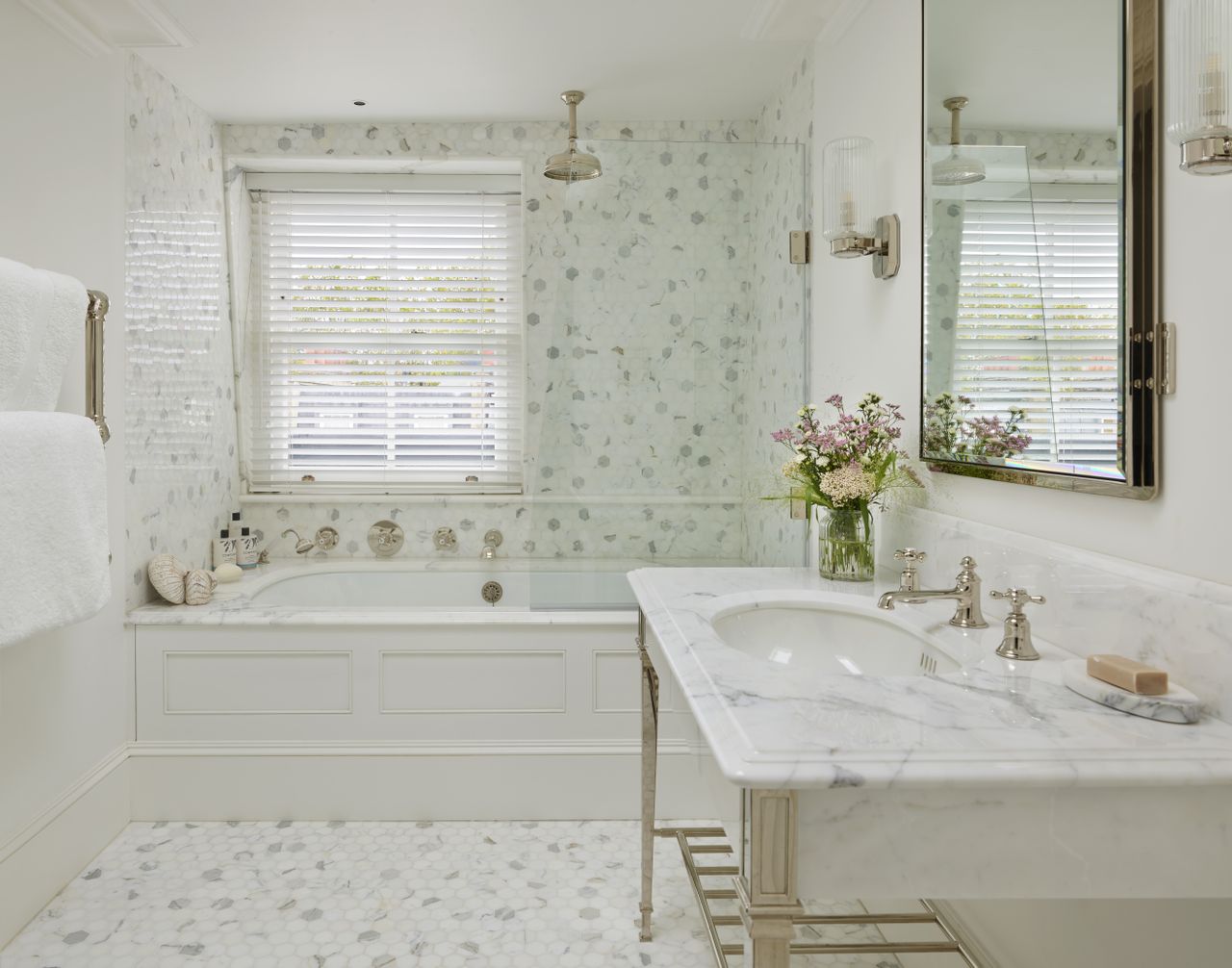 white bathroom tile in a bathroom