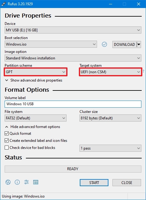 Rufus Windows 10 USB with UEFI settings