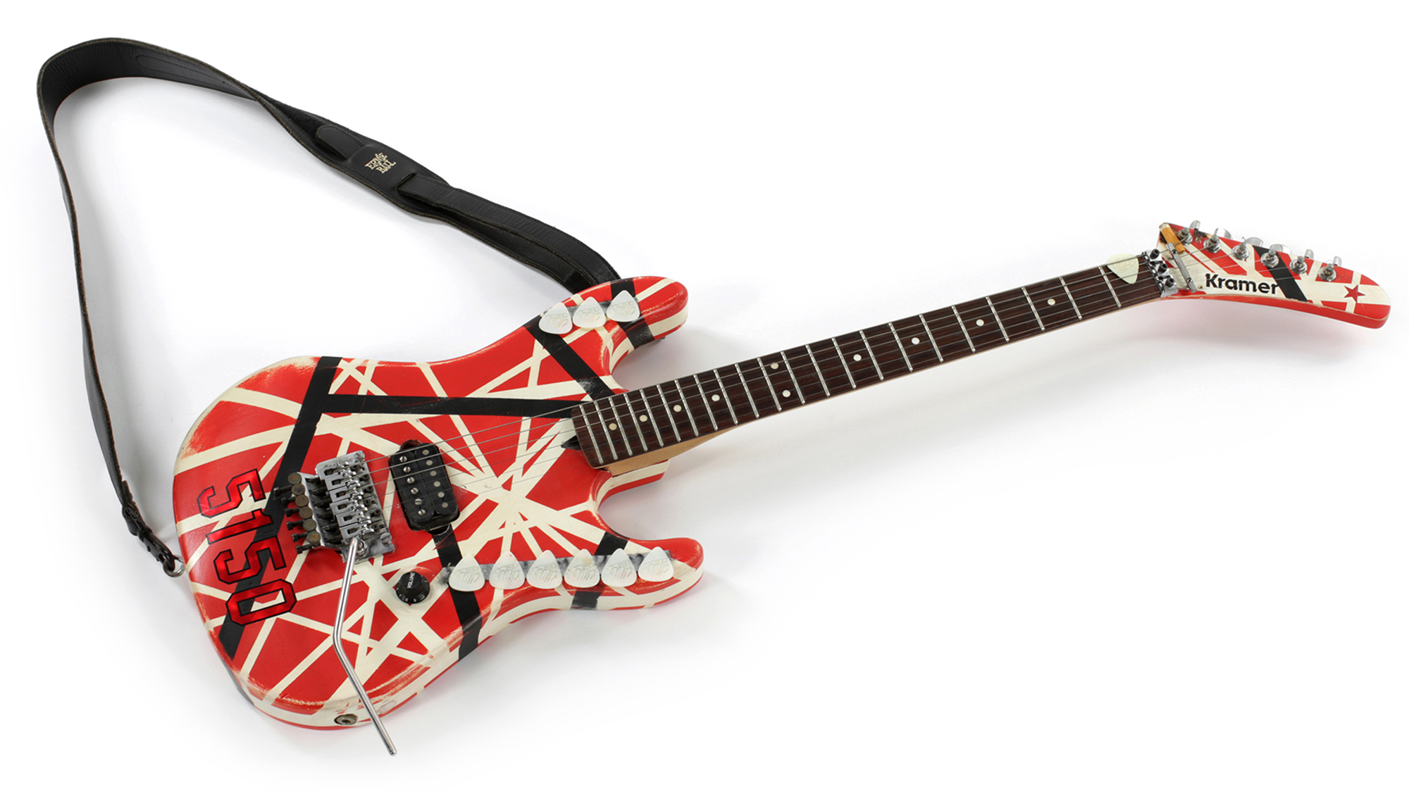 A photo of Edward Van Halen 1987 Zeke Clark Customized 5150 Kramer Guitar