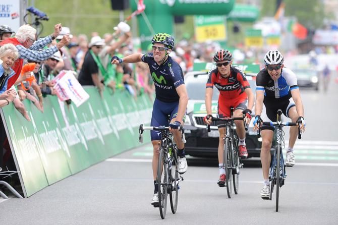 Rui Costa (Movistar) leads Tejay Van Garderen and Bauke Mollema across the line