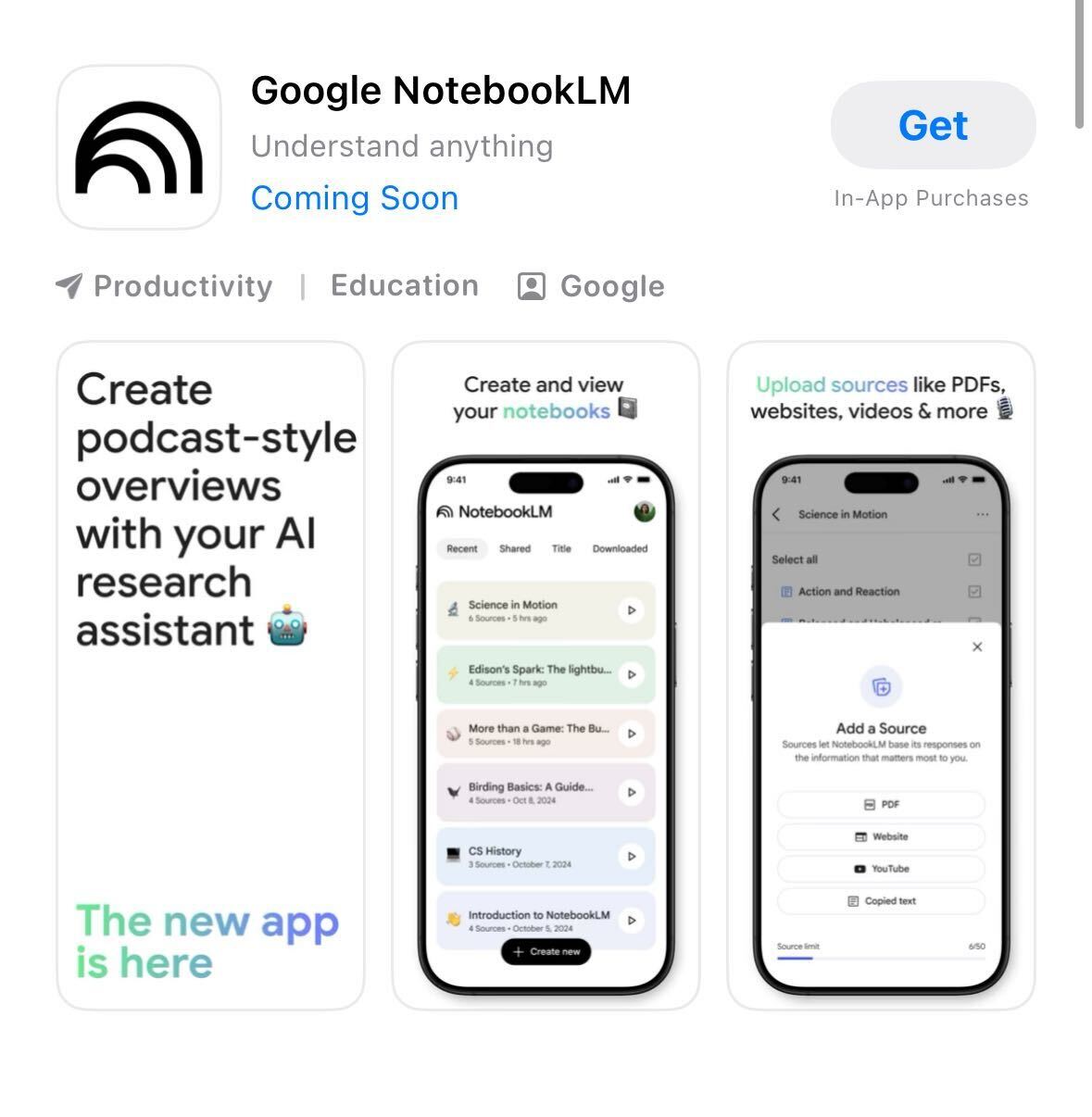 NotebookLM in the iOS App Store on 19 May 2025.
