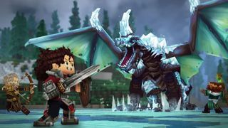 Screenshot from Hytale, showing three warriors with a sword, bow, and staff sighting a big, icy dragon.