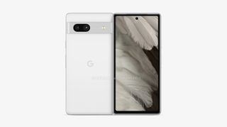 A leaked render of the front and back of the Google Pixel 7a in white.