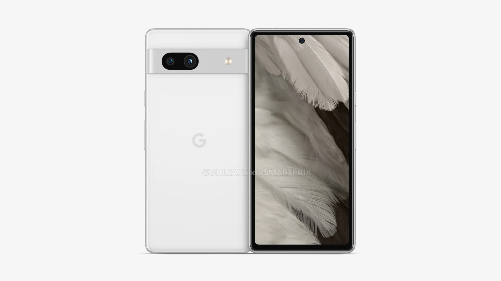 Leaked renders of the front and back of the Google Pixel 7a in white.