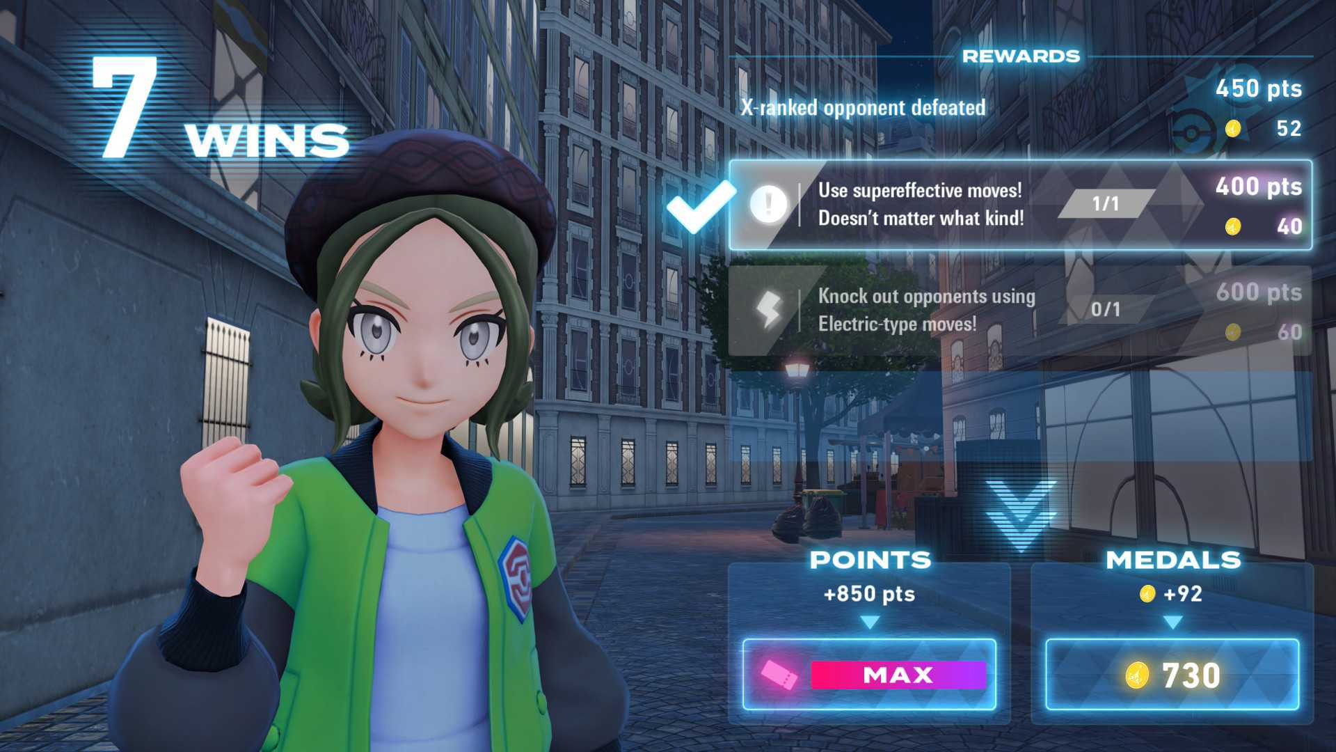 The battle results screen with a trainer holding up a ticket