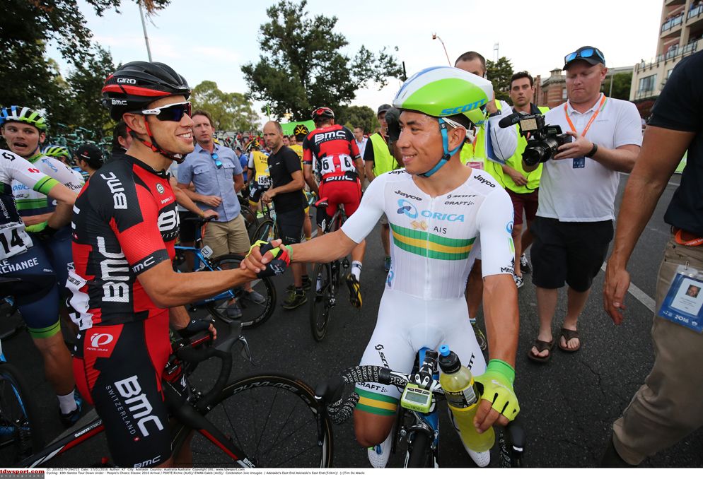 Richie Porte and Caleb Ewan at the finish