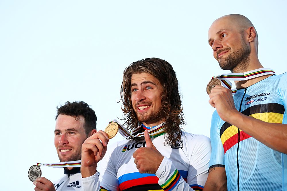 2016 World Championships podium (l-r): Mark Cavendish (Great Britain), Peter Sagan (Slovakia) and Tom Boonen (Belgium)