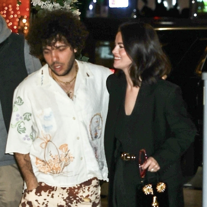 Selena Gomez and Benny Blanco walk hand in hand while arriving for dinner with friends at 4 Charles Prime Rib in the West Village, New York.