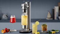 Breville InFizz Fusion beverage maker surrounded by different beverages and fruits