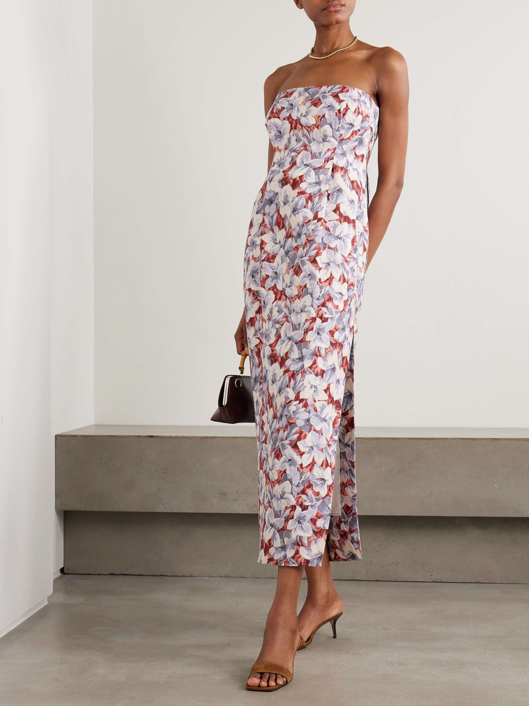 Rosalie Strapless Pleated Floral-Print Linen Midi Dress