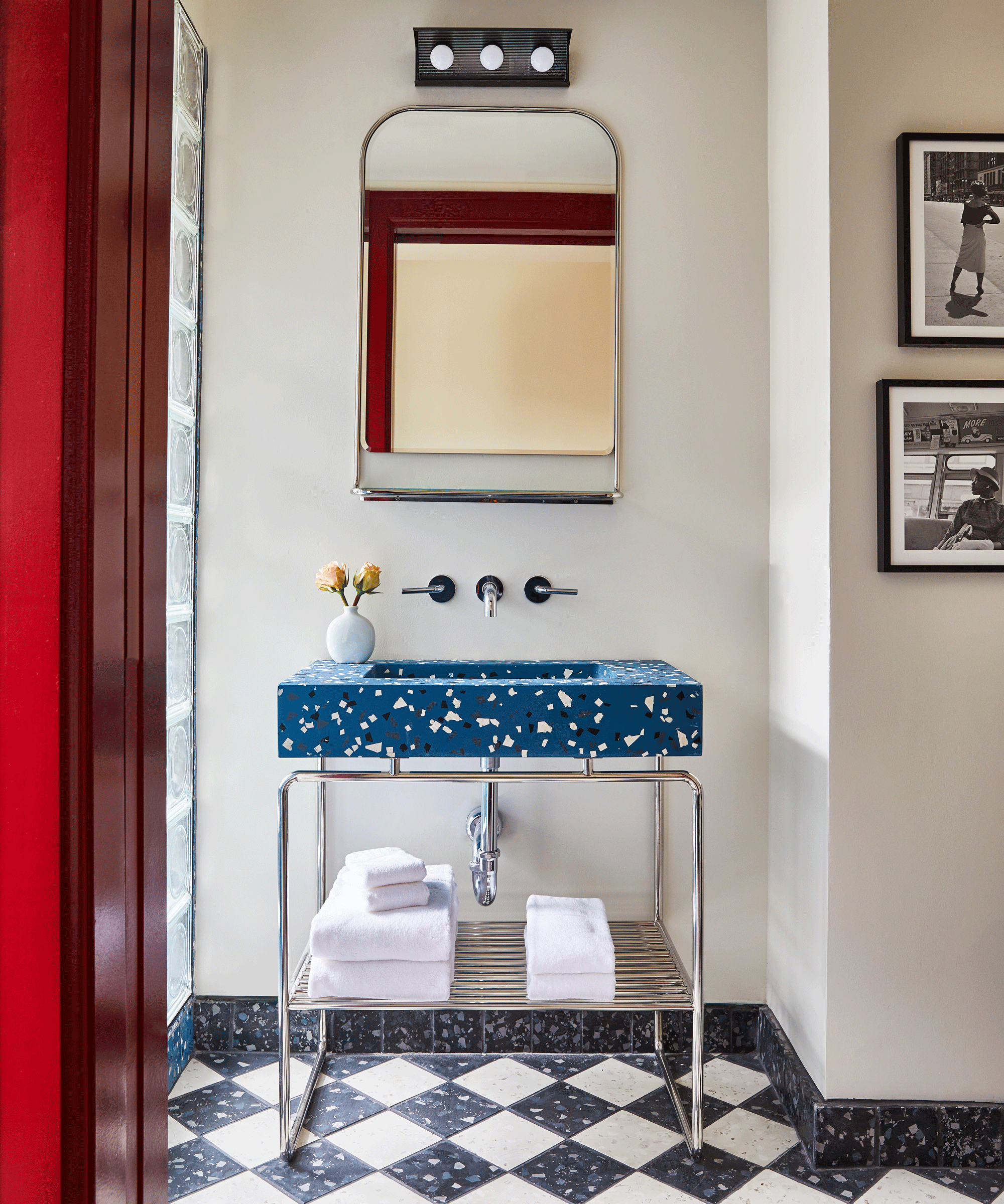 blue terrazzo bathroom sink with terrazzo flooring