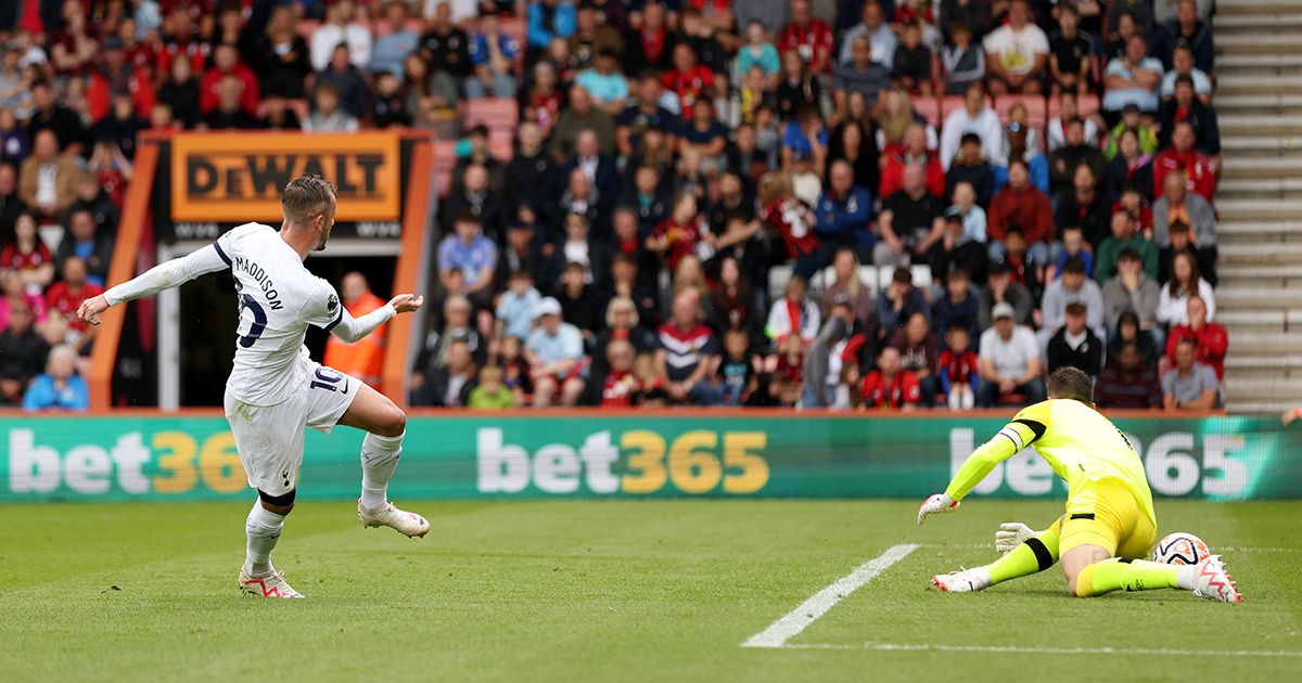 Tottenham Hotspur midfielder James Maddison scores the team&#039;s first goal during the Premier League match between AFC Bournemouth and Tottenham Hotspur at Vitality Stadium on August 26, 2023 in Bournemouth, England.