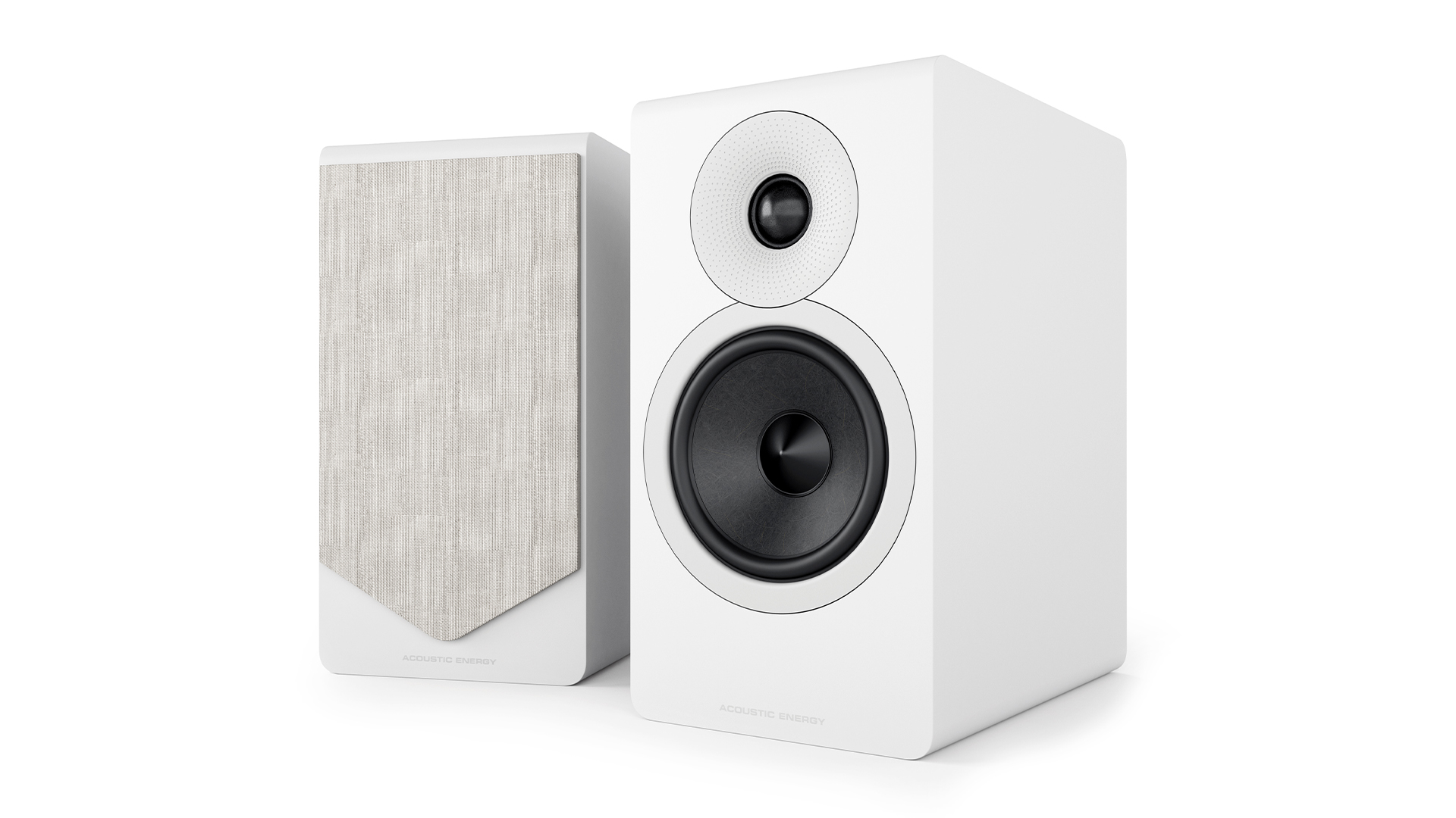 Acoustic Energy AE300 Mk2 standmount speakers in white against white background