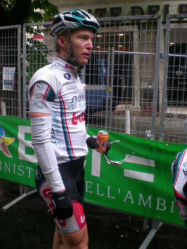 Jan Bakelandts (Omega Pharma-Lotto) after his crash on a wet, slippery 180-degree turn near the end of stage 11.