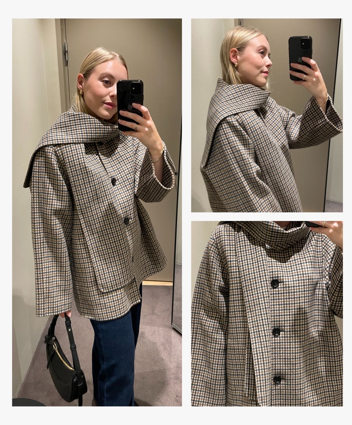 Woman wears checked jacket in wool