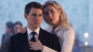 Tom Cruise stands in with Vanessa Kirby's grasp in Mission Impossible: Dead Reckoning - Part One.