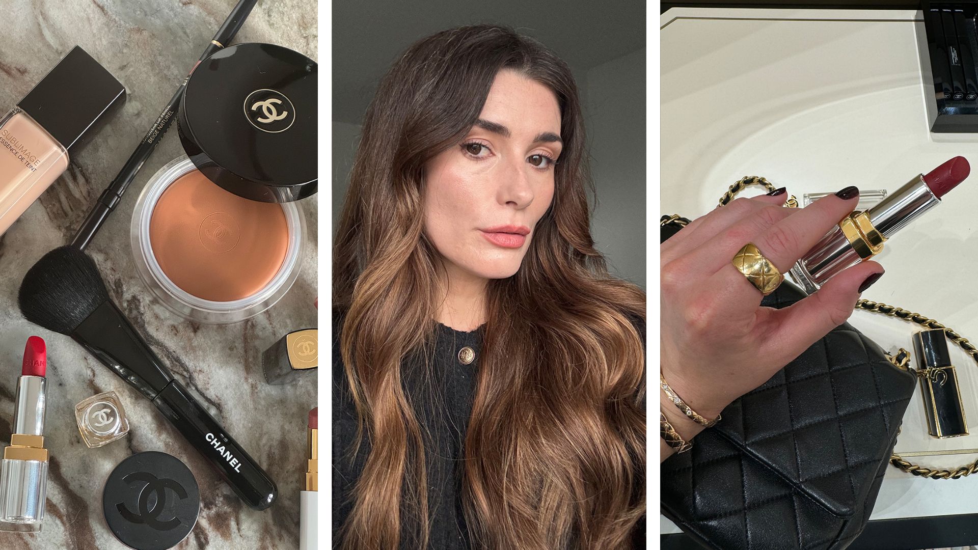 A collage of Chanel makeup products and a photo of beauty editor Eleanor Vousden wearing a full face of Chanel makeup