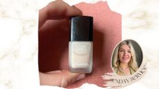 a hand holding chanel la base camelia on a pink backdrop next to an image of beauty editor Fiona McKim smiling